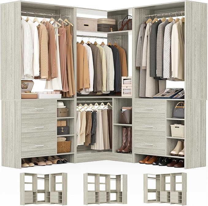 Aheaplus Closet System with 6 Drawers, 4 Hanging Rods & Corner Tower, Corner Closet System with Hanging,92.6" L-Shaped Walk-In Wardrobe Organizer, 2000+ lbs Capacity, Set of 3, White Oak by Aheaplus