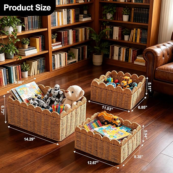 3 Pcs Wicker Storage Baskets for Shelves Picnic Basket,Scalloped Baskets, Hand-woven Wicker Storage Cubes, Paper Rope Shelf Baskets for Organizing and Decoration,Brown Basket - Image 2