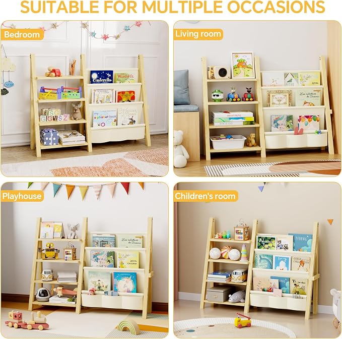 Toy Storage Organizer with Kids Bookshelf, Montessori Wooden Toy Organizer Book Shelf for Kids Rooms, Nursery, Playroom, Child, Baby, Toddler Bookcase, Toys Rack Fabric Sling Book Shelves - Image 5