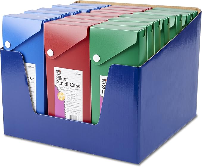 Charles Leonard Slider Pencil Case Box With Slide Out Tray (76300-ST) | 24 Boxes | Assorted Colors | Slide-Out Tray | Spacious | Snap Closure - Image 2