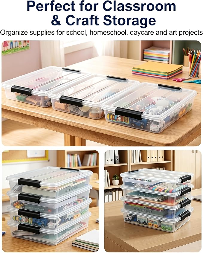 EOENVIVS Clear Flat Storage Bins with Lids, Teal-Blue Buckle Stackable Transparent Storage Boxes, Versatile Sensory Boxes Organizer for Office Home Apartment Dorm Art Craft Daily Storage 6-Pack - Image 4