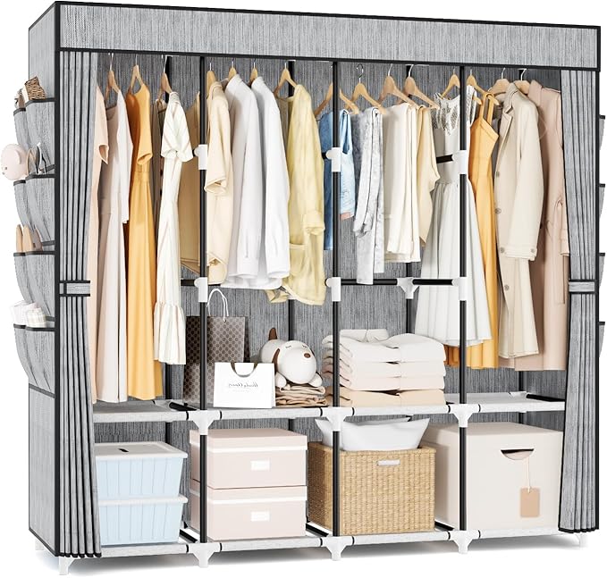 Portable Closet for Hanging Clothes, 67 Inch Wide Portable Wardrobe Closet with Cover, 4 Hanging Rod, Storage Shelves and Side Pockets, Large Free Standing Closet for Bedroom, Printing by BRFOYU