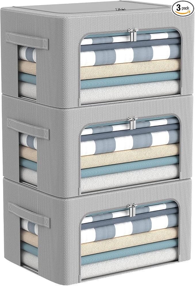 CYhom 3Pack Frame Storage Box - Clothes Storage Bin Bags Oxford Fabric Foldable Stackable Container Organizer Set with Clear Window & Carry Handles Large Capacity (Grey, Small-22L) by CYhom