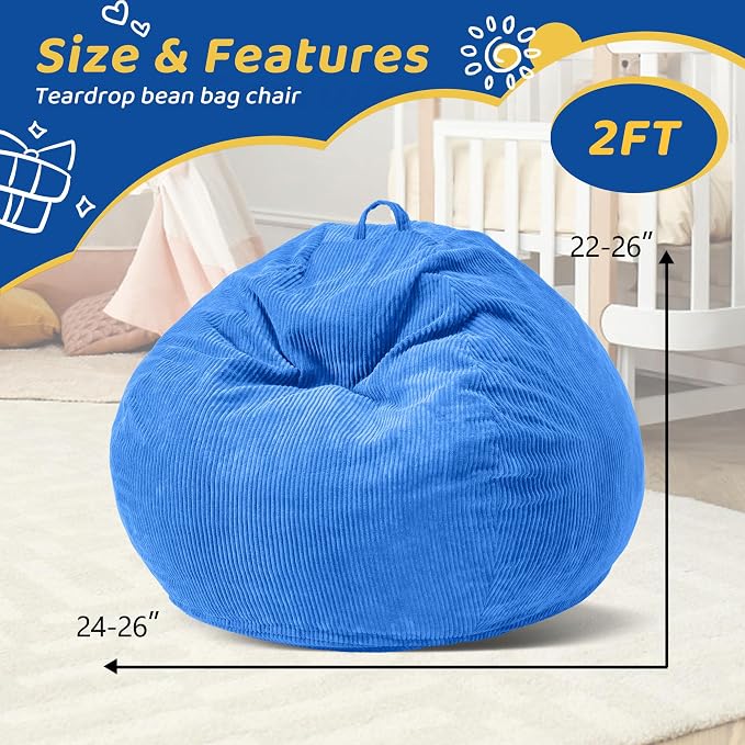 2FT Bean Bag Chair: 2' Small Bean Bags with Memory Foam Filled | Beanbag Chairs with Handle,Teardrop Bean Bag Sofa with Corduroy Machine Washable Cover for Living Room,Bedroom-Blue - Image 2