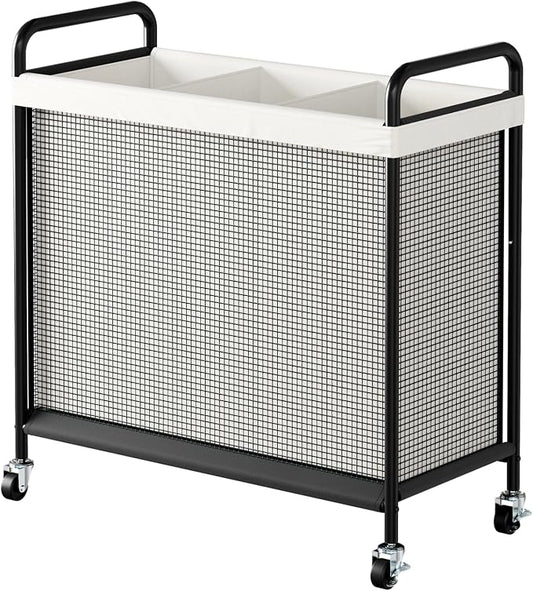 WOWLIVE Rolling Laundry Hamper 3 Section, 120L Laundry Basket with Wheels | Laundry Sorter with Metal Handle and Removable Bag, Clothes Hamper for Laundry Room, Bathroom and Dorm, Beige by WOWLIVE