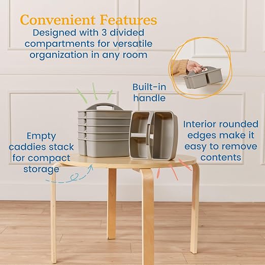 ECR4Kids 3-Compartment Small Plastic Caddy, Multipurpose Organization, Grey, 6-Pack - Image 5