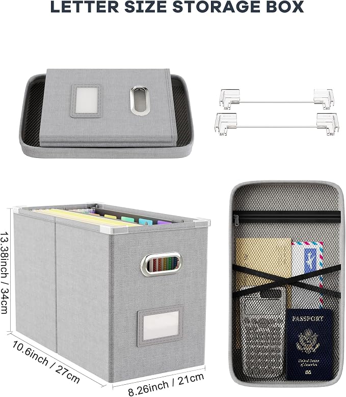 File Organizer Box with Lid, Hanging Filing File Box with Mesh Pocket, Document Organizer Box for Letter Files, Portable Storage Box with Smooth Sliding Rail for Office&Home (2 PCS, Light grey) - Image 2