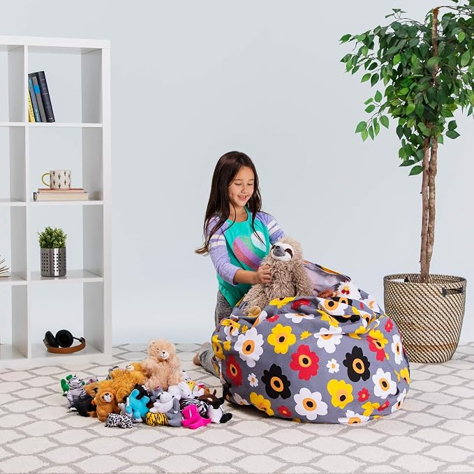 Posh Stuffable Kids Stuffed Animal Storage Bean Bag Chair Cover - Childrens Toy Organizer, Large 38" - Canvas Multicolored Flowers on Gray - Image 6