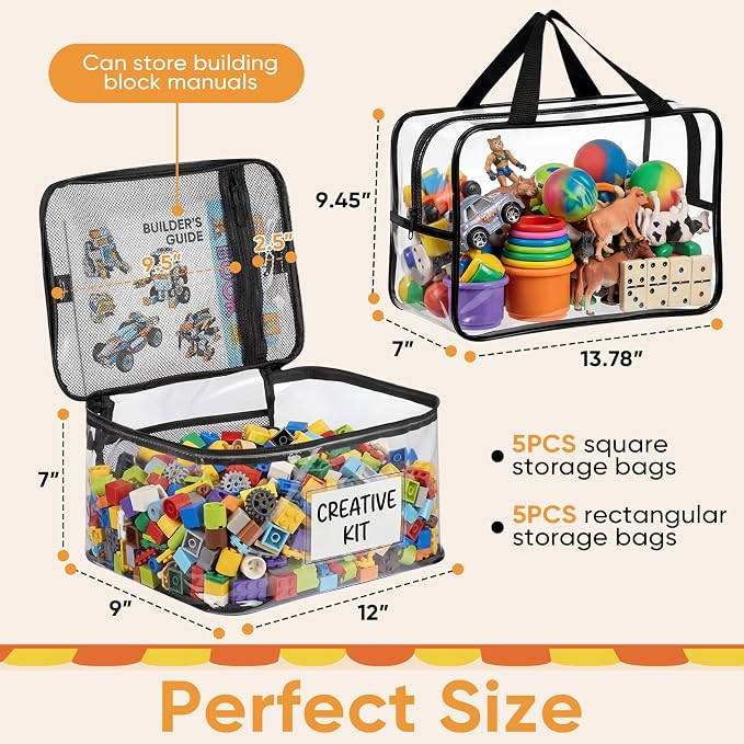 Clear Toy Storage Bags, 10-Pack PVC Organizer Bags with Labels | Reusable PVC bags with zipper, label and manual pockets for blocks, board games, puzzles, books, classrooms and travel - Image 2