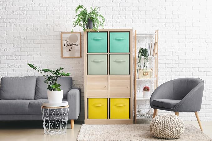 Sorbus Storage Cubes - 11" Foldable Storage Bins with Handle for Nursery, Playroom, Closet Organizers and Storage - 6 Fabric Shelf Basket for Toys, Books, Clothes - Green Yellow & Blue Storage Bins - Image 4