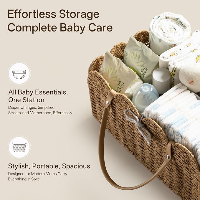 HBlife Large Baby Diaper Caddy, Paper Rope Scalloped Storage Baskets Nursery Bin with Removable Divider, Portable Car Organizer for Diapers, Baby Shower Gifts, Newborn Essentials Must Haves, Brown - Image 4