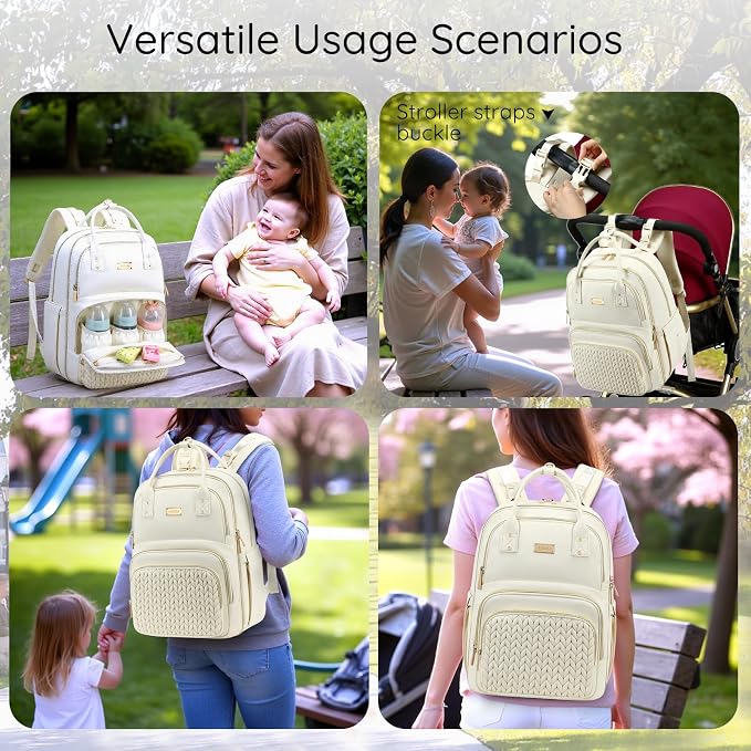 AIJIEKE Diaper Bag Backpack, Large Multi-functional Diaper Backpack, Beige | Waterproof lightweight baby backpack. With changing pad, stroller straps, insulated & wet/dry pockets. Mom & dad essential - Image 3