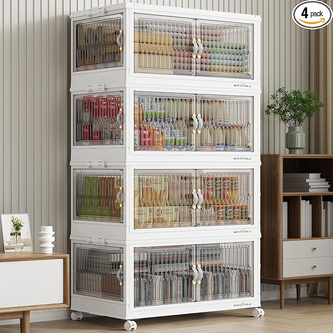 BROVIEW 480Qt Stackable Storage Bins with 4 Lids, Front and Side Open Doors, Plastic Collapsible Closet Organizer and Storage Cabinet, Foldable Box with Wheels Drawer for Home Office, 4Pack White by BROVIEW-EnjoytheArtofLife
