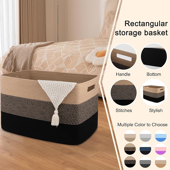 OIAHOMY 108L Extra Large Blanket Basket Dog Toy Basket Yellow and Black | Rectangle Woven Baskets for Storage Cotton Rope Basket For Living Room Toy Storage Blanket Storage Laundry Basket - Image 4
