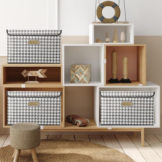 STOREONE Fabric Storage Cube Bins Foldable Organizer Container Collapsible Basket with Lids and Metal Handles, for Home, Bedroom, Closet 6 Pcs (Houndstooth) - Image 4