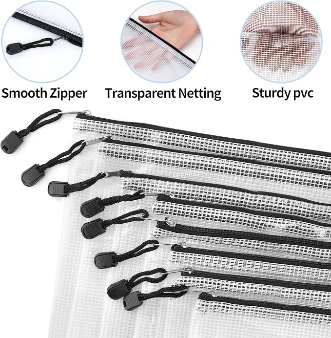 EOOUT 56pcs Mesh Zipper Pouch Bags, 8 Sizes Black Plastic Waterproof Clear Pouches for Organization, Zipper Pouches for School Office Home Supplies Board Game Storage - Image 3