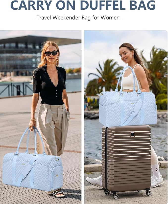 Women Weekender Travel Duffle Bag: Travel Duffel Overnight Bags with Shoe Compartment Large Carry on Tote with Toiletry Bag Weekend Traveling Yoga Gym Hospital Bag for Women with Wet Pocket Light Blue - Image 8