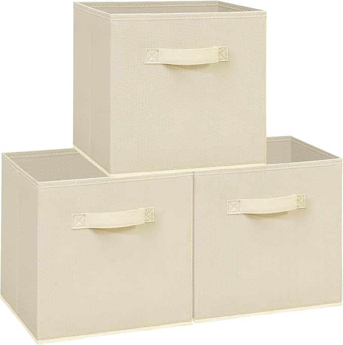 Easi Storage Cubes, 11 Inch Storage Bins, Set of 3, Foldable Fabric Cube Storage Organizer With Handles, Closet Cube Storage Bins, Collapsible Cubby Storage Organizer for Shelves,Offices, Beige by Unknown