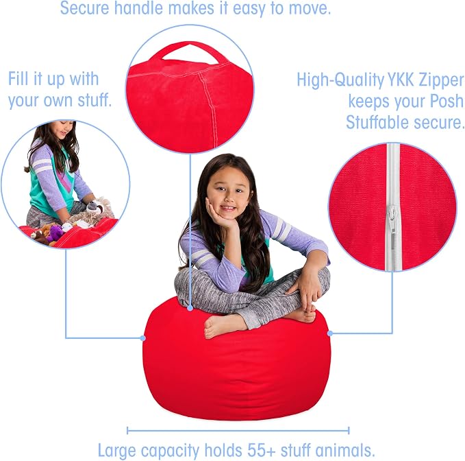 Posh Stuffable Kids Stuffed Animal Storage Bean Bag Chair Cover - Childrens Toy Organizer, Medium 27" - Solid Red - Image 2