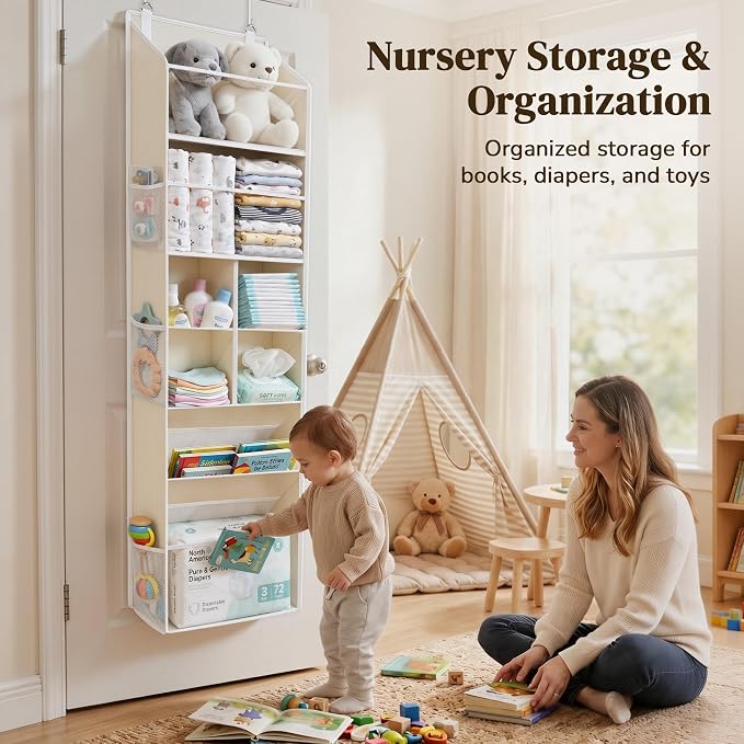 6-in-1 Over Door Hanging Organizer with 12 Mesh Pockets, 44 lbs Capacity, Warm Beige – Versatile Behind Door Storage for Baby Nursery, Newborn Essentials, Bedroom, Bathroom & Dorm - Image 6