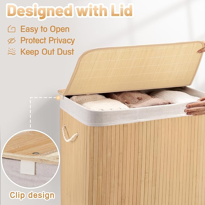 Aliphon 150L Laundry Hamper with lid, 3-Section Clothes Laundry Basket with Handles, Large Collapsible Bamboo Baskets for Bedroom, Bathroom, Dorm, Natural Beige - Image 7