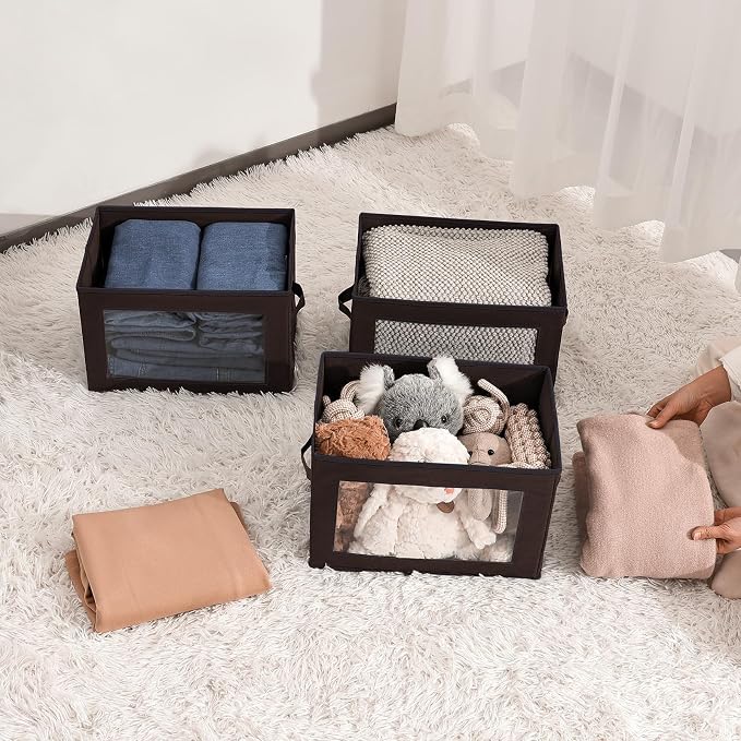 Stackable Storage Bins with Lids - Medium Storage Box with Lids, Foldable Closet Boxes for Organizing, Wardrobe Clothes Organizer with Window, Cubes Bins for Living Room, 5 Pack, Brown - Image 5