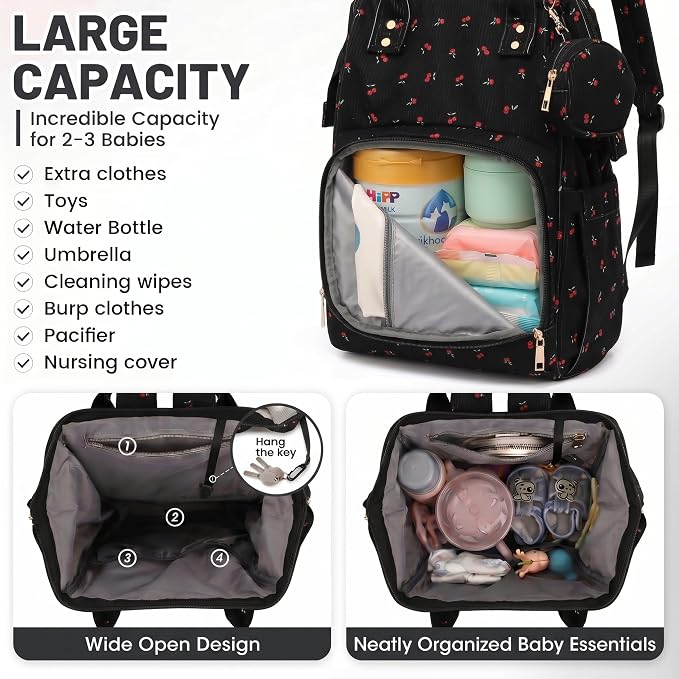 Baby Diaper Bag Backpacks for Mom Dad, Corduroy Large Capacity Multifunction Nappy Bag with Pacifier Case, Baby Travel Essentials Diaper Backpack for Boys Girls - Cherry Black - Image 3