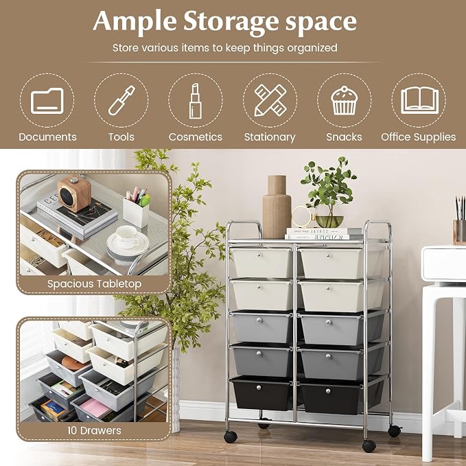 RELAX4LIFE Rolling Storage Cart with 10 Drawers - Craft Storage Cart with Lockable Wheels,Utility Cart, Art Cart Organizer for Crafting Storage, Studio, Office, Home, School Rolling Drawer Cart - Image 6