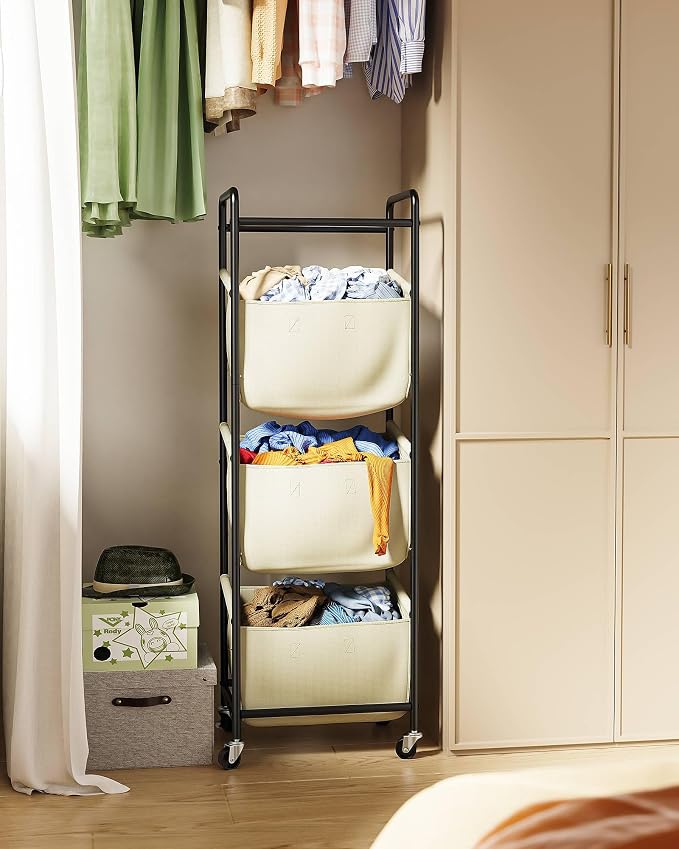 3 Section Laundry Sorter with Removable Bags, 120L Rolling Vertical Laundry Hamper, Stackable Laundry Baskets organizer for Bathroom, Apartment, Dorm (Beige, With Wheel) - Image 6
