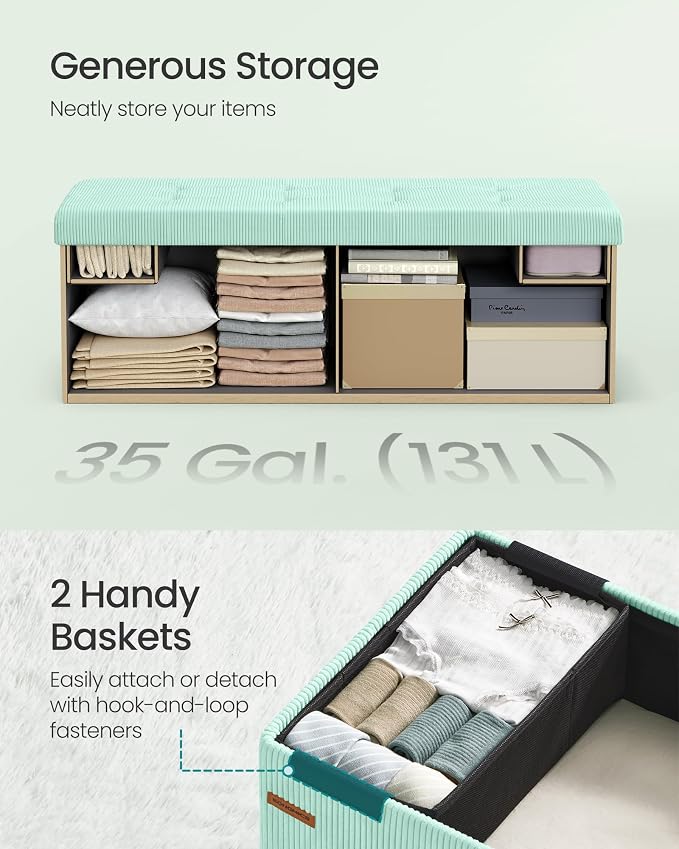 SONGMICS MAZIE Collection - Storage Ottoman Bench, Foldable Foot Rest, 15 x 43 x 15 Inches, End of Bed Bench, Storage Chest, Load 660 lb, Living Room, Bedroom, Entryway, Moonlight Green ULSF604C01 - Image 6