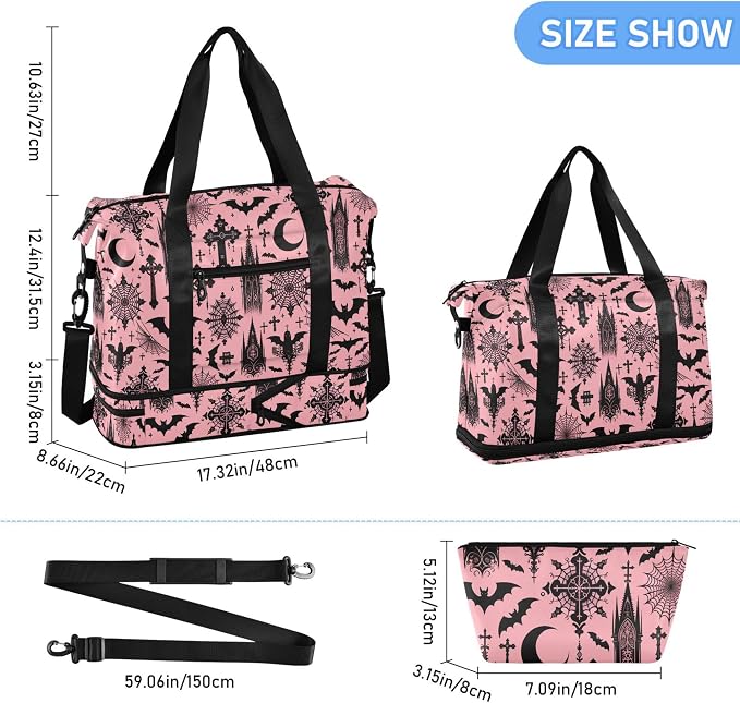 Travel Duffel Tote Bag Black Gothic Moon Spider Webs and Bats Sports Duffel Bag with Wet Pocket Weekender Overnight Bag for Women Men Gym Bag, Carry On Bag Hospital Bag for Labor and Delivery - Image 6