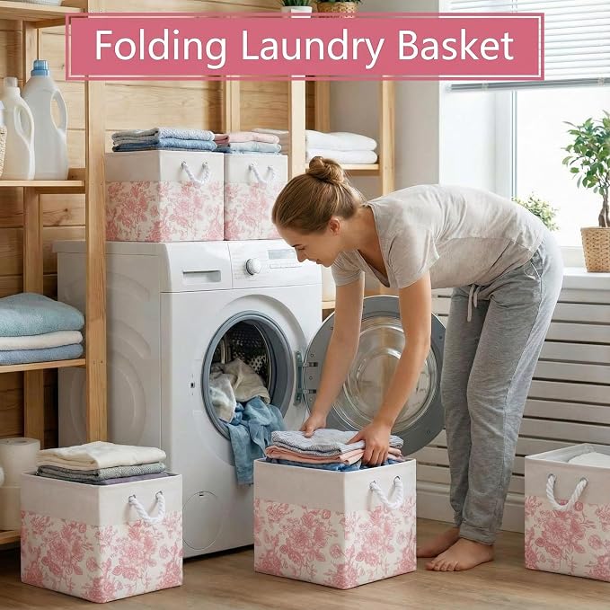 LemonRoad 6 Pcs Pink Floral Cube Storage Bins 11.22 Inch Square Storage Basket with Handle, Preppy Girls Organizer Basket, Collapsible Fabric Box for Classroom Bedrooms Office Home Decoration Gift - Image 6