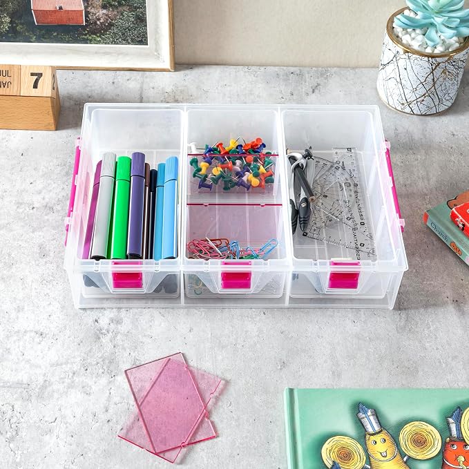 MyGift 11 Inch Clear Arts and Crafts Stackable Container, Sewing Supplies Storage Organizer Case with Pink Accents, 24 Customizable Compartments, and 6 Drawers with Removable Dividers - Image 5