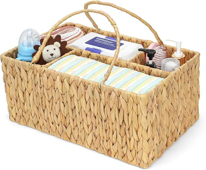 Large Baby Diaper Caddy Organizer, Handwoven Water Hyacinth Storage Basket, Portable Wicker Car Diaper Storage Bin for Nursery and Travel by Unknown