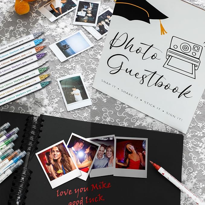 12 Pcs 2026 Graduation Guest Book with Photo Sign Decor 80 Pages Class of 2026 Scrapbook Photo Album with 10 DIY Dual Tip Metallic Markers Pens Gift, Exclude Camere(Graduation Cap,Black,10.4 Inches) - Image 4