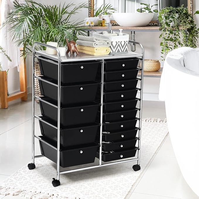 GOFLAME 15-Drawer Rolling Storage Cart, Craft Storage Cart with Removable Drawers & Lockable Wheels, Art Cart Supply Storage Organizer for Home Office Classroom, Black - Image 9