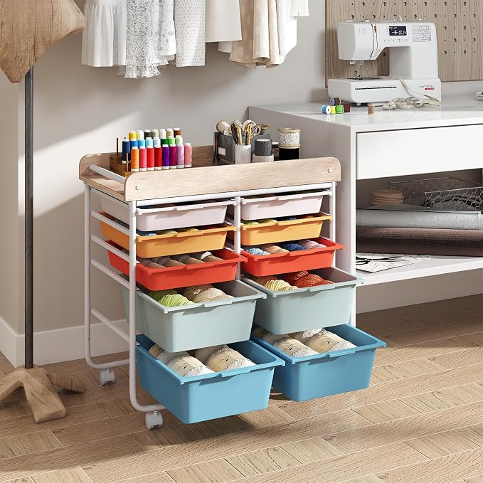 Giantex Rolling Storage Cart with 10 Drawers, Utility Cart w/Wooden Tabletop, Handle, Lockable Wheels, Multipurpose Organizer for Art Craft Scrapbooks Paper, Drawer Carts for School Office, Macaron - Image 4