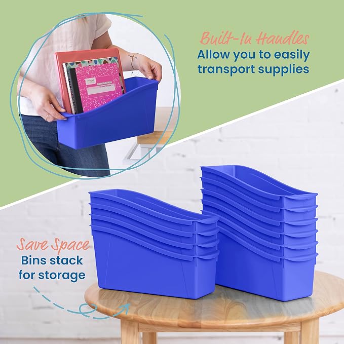 ECR4Kids Linking Plastic Storage Book Bin, Multipurpose Organization, Blue, 10-Piece | Durable plastic with built-in handles, interlocking, nestable, ideal for books, magazines, and files in a classroom or office - Image 4