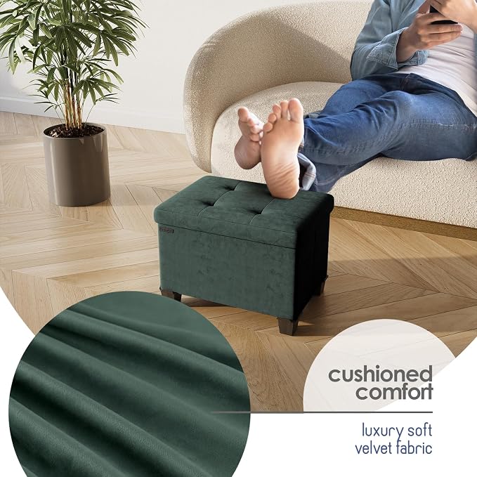 Storage Ottoman Cube with Small Bin, 16-in Square Ottoman with Storage for Living Room and Bedroom, Small Ottomans Foot Rest, Velvet Foot Stools Ottomans Max 330lbs, Green - Image 7