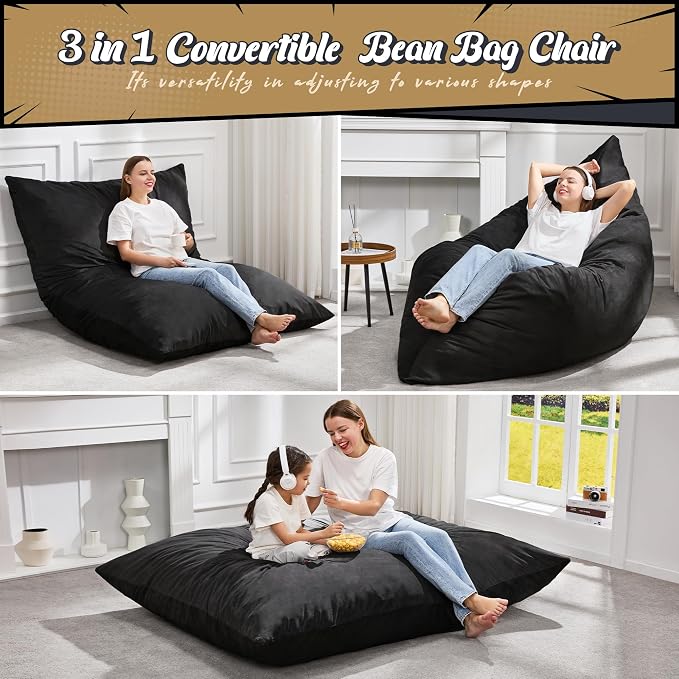 Hobestluk Adult Bean Bag Chair 3 in 1 Convertible Large Bean Bag Sofa | Velvet Black,Machine Washable,Removable Cover,Easy Convert And Install, Oversied Floor Bed,For Livingroom Bedroom - Image 4