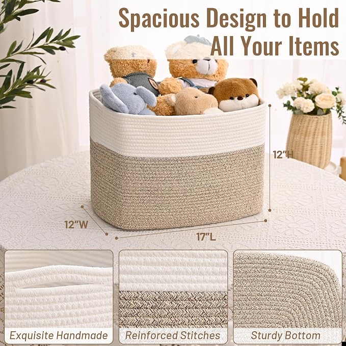 3 Pack Cube Storage Bin, 17”x12”x12” Cotton Rope Woven Baskets for Organizing Toys Clothes Towels, Square Gift Storage Baskets for Shelves, Nursery, Closet, Bathroom, Pantry (White & Jute) - Image 4
