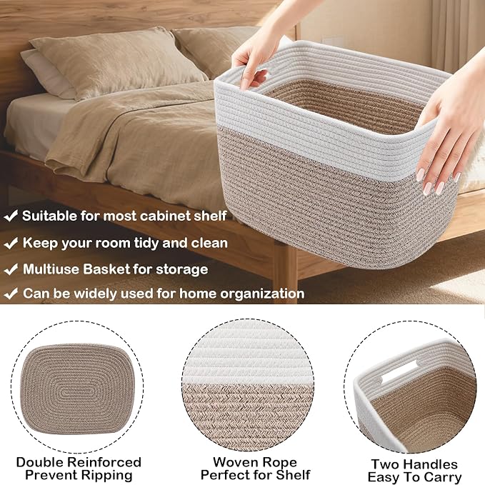 3 Pack Woven Baskets,Storage Baskets for Shelves with Handles | 13.5"×11"×9.5" Closet Baskets, Nursery Organizer for Toys Towels Books, Storage Bin for Living Room Bedroom (White&Brown) - Image 3