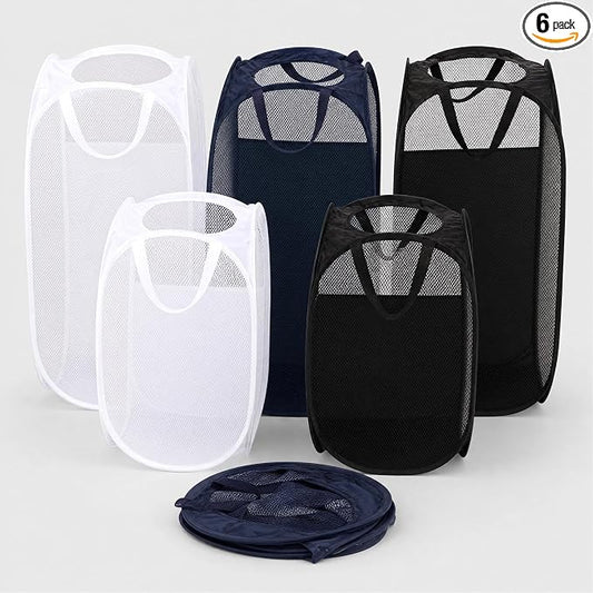 6 Pcs Handy Laundry Collapsible Mesh Foldable Hampe (Black/White/Blue) | Popup Laundry Basket with Durable Handles,Pop-up Mesh Hamper Dirty Clothes Basket for Kids Room, College Dorm or Travel by AQQA