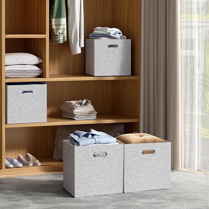 Posprica Collapsible Storage Bins,13×13 Foldable Storage Cube Boxes Fabric Drawer Fabric Storage Bins Vinyl Record Woven Gray, 4 Pack - Image 7