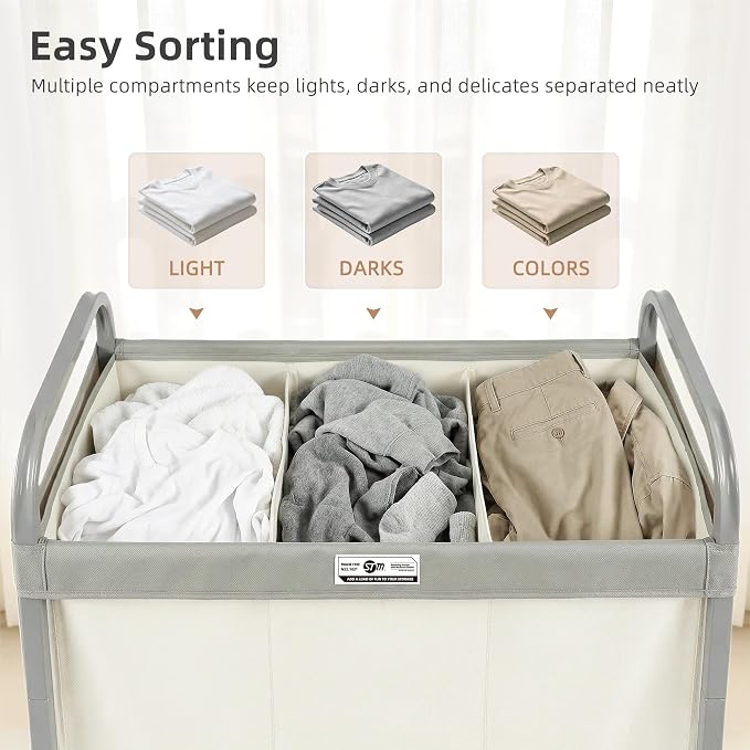 STORAGE MANIAC Laundry Hamper 3 Section with Lid Rolling Laundry Basket | 230L Laundry Sorter Cart 3 Compartment Clothes Hamper on Wheels Metal Handle Oxford Removable Bag Laundry Room Bedroom Beige - Image 6