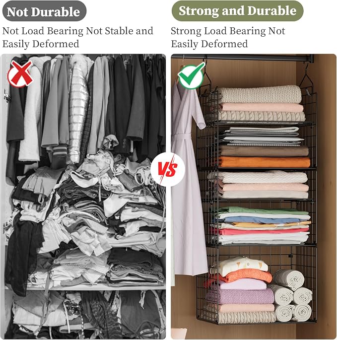 X-cosrack Closet Hanging Organizer Shelves - 5 Tier Wardrobe Organizers and Storage Bin, Hanging Organizer Shelves, Clothes Shelf with Adjustable Dividers for Bedroom Closet Sweater Shoes Handbag - Image 7