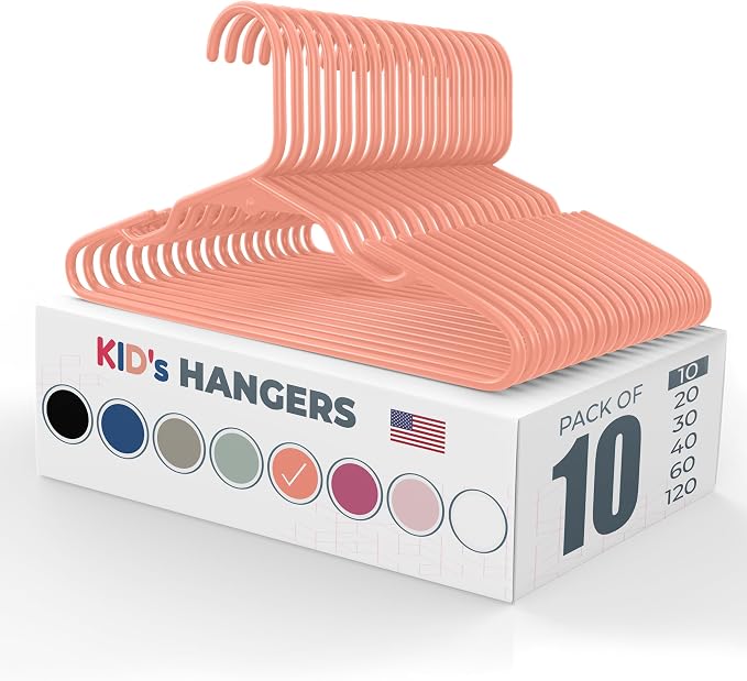 Plastic 12” Kids Hangers 10 Pack – Made in The USA – 5lb Capacity Baby & Toddler Clothes Hangers with Notches & Reinforced Edges – Fits Children’s Sizes Up to 8 – Peach by NeatiesHangers