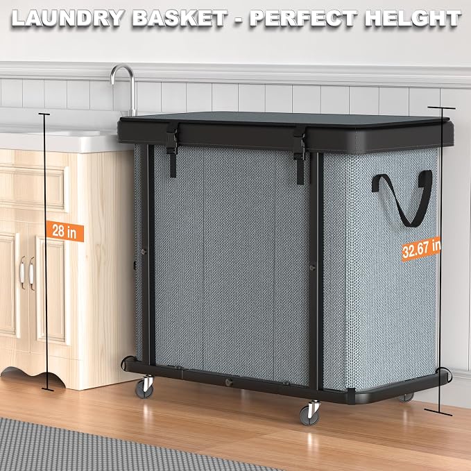 Laundry Basket with Wheels, 230L(60Gal) Laundry Sorter 3 Section - Gray | Leather Patchwork Laundry Hapmer, Sturdy Metal Frame, Removable Washable Bag, Tall Clothes Sorter for Bedroom - Image 5