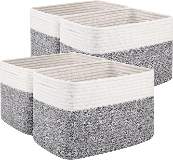 OIAHOMY 4 Pack Storage Basket, 13"x9"x7.8" Cotton Rope Baskets for Shelves, Closet Organizer for Bedroom & Living Room, Soft Decorative Bins for Organizing Towels, Books & Toys, Grey & White by MasterofSpaceOptimization