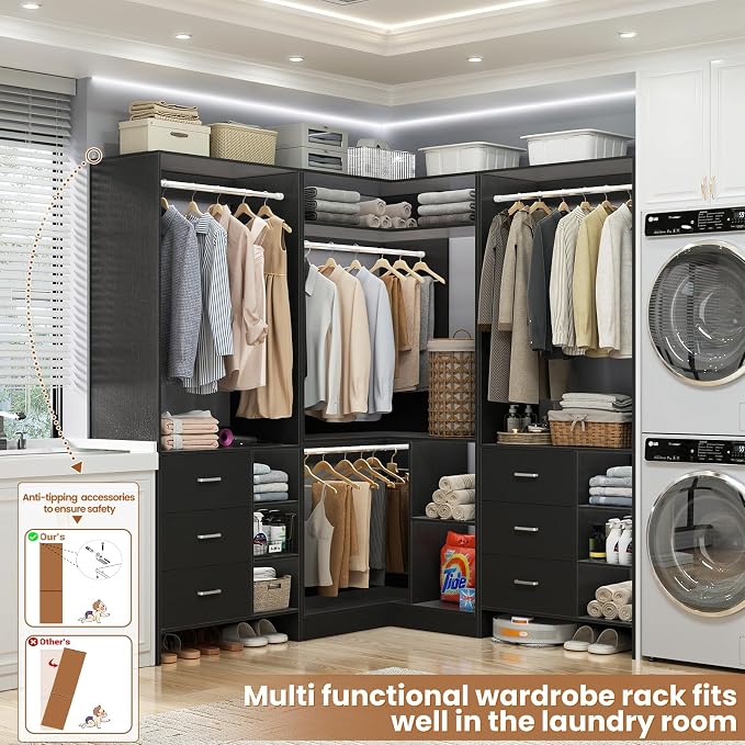 Aheaplus Closet System with 6 Drawers, 4 Hanging Rods & Corner Tower, Corner Closet System with Hanging,92.6" L-Shaped Walk-In Wardrobe Organizer, 2000+ lbs Capacity, Set of 3, Black - Image 4